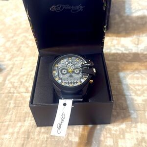 NWT Ed Hardy Men’s Golden Skullface Watch Black Sneak Floral Strap
